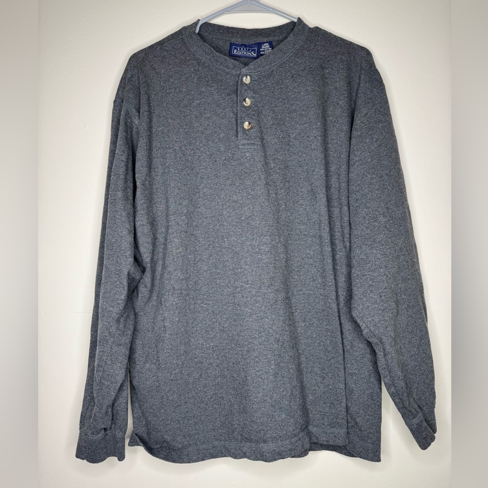 Basic Editions Charcoal Cotton Henley Tee Long Sleeve Mens Large